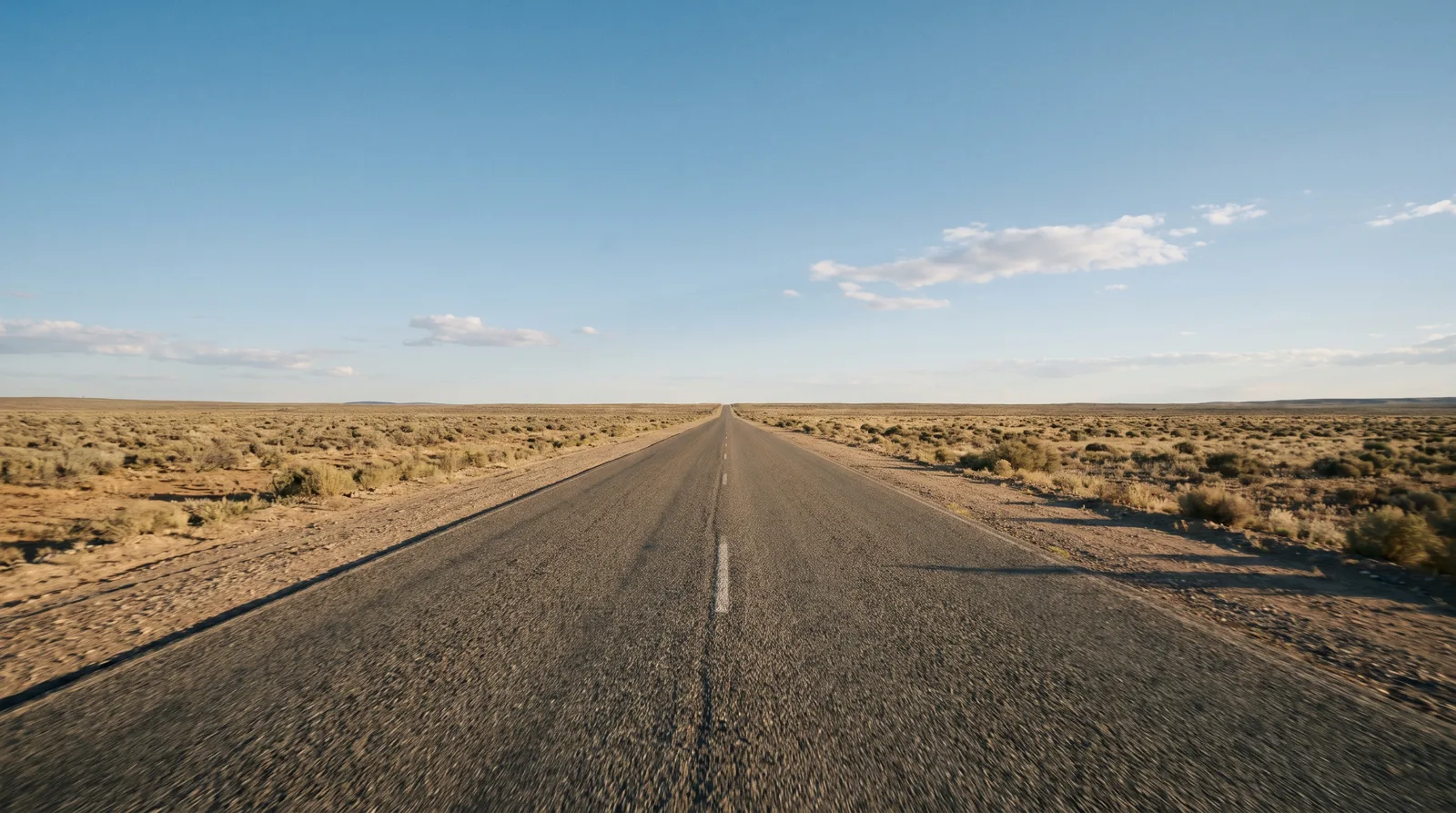 A single straight road running through open grassland toward a distant horizon.
