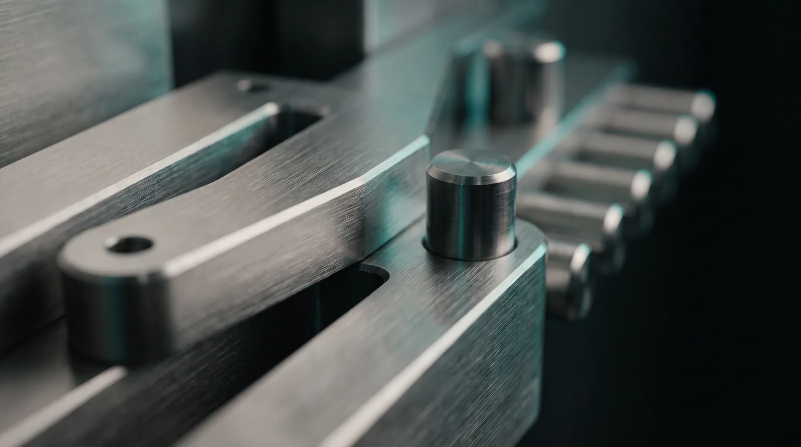 Macro photograph of machined steel plates and precision pins in cold directional light.